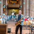Stephan Abel vor dem Auftritt der Jazz-Formation und seinem Auftritt am 18. Juli 2025 in der Marktkirche Hannover. Time and again heißt die jährliche Veranstaltung.